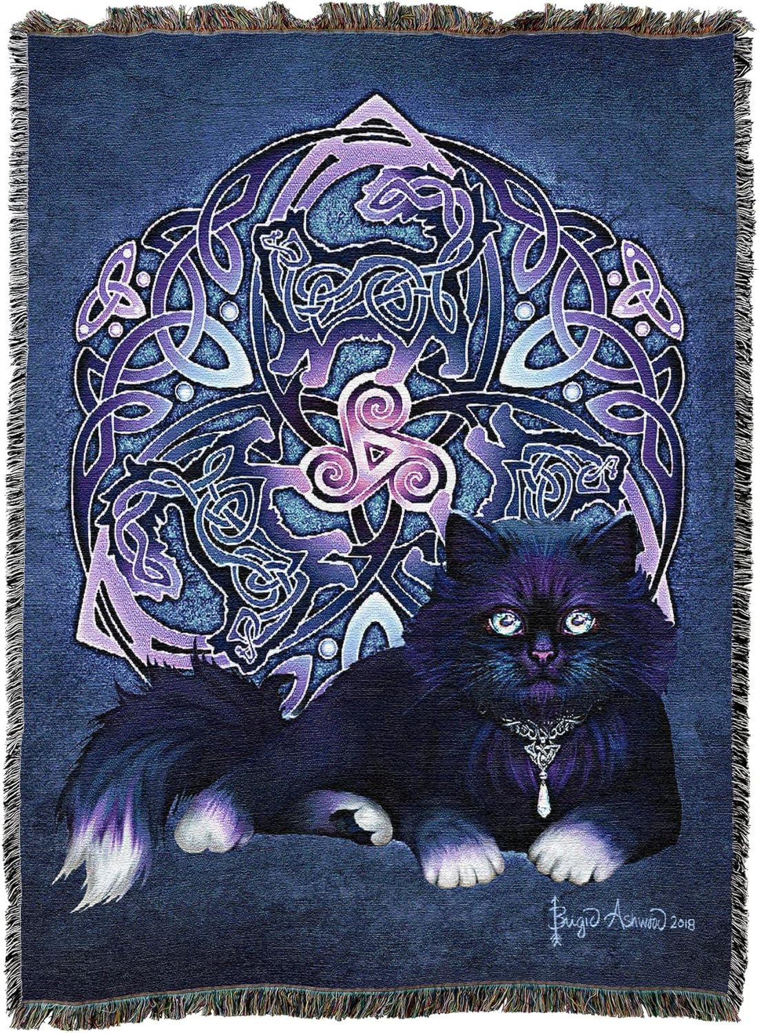 Celtic Black Fluffy Cat Tapestry Blanket by Brigid Ashwood