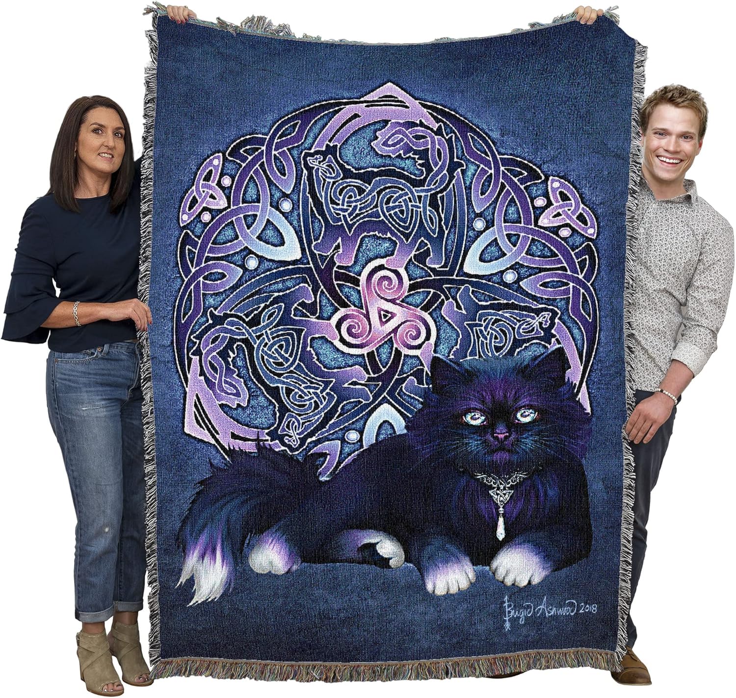 Celtic Black Fluffy Cat Tapestry Blanket by Brigid Ashwood - Image 2