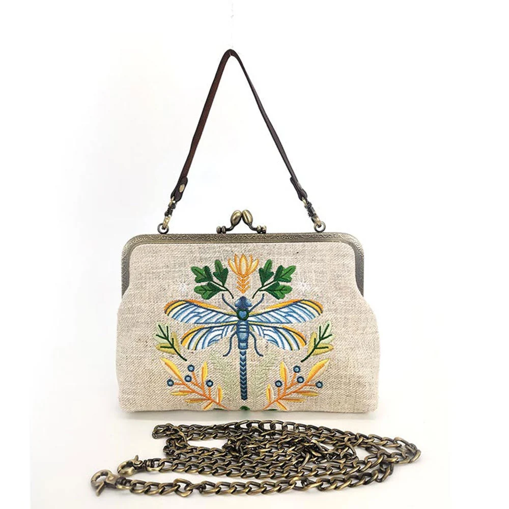 Dragonfly Embroidered Vintage Kisslock Handbag in Beige