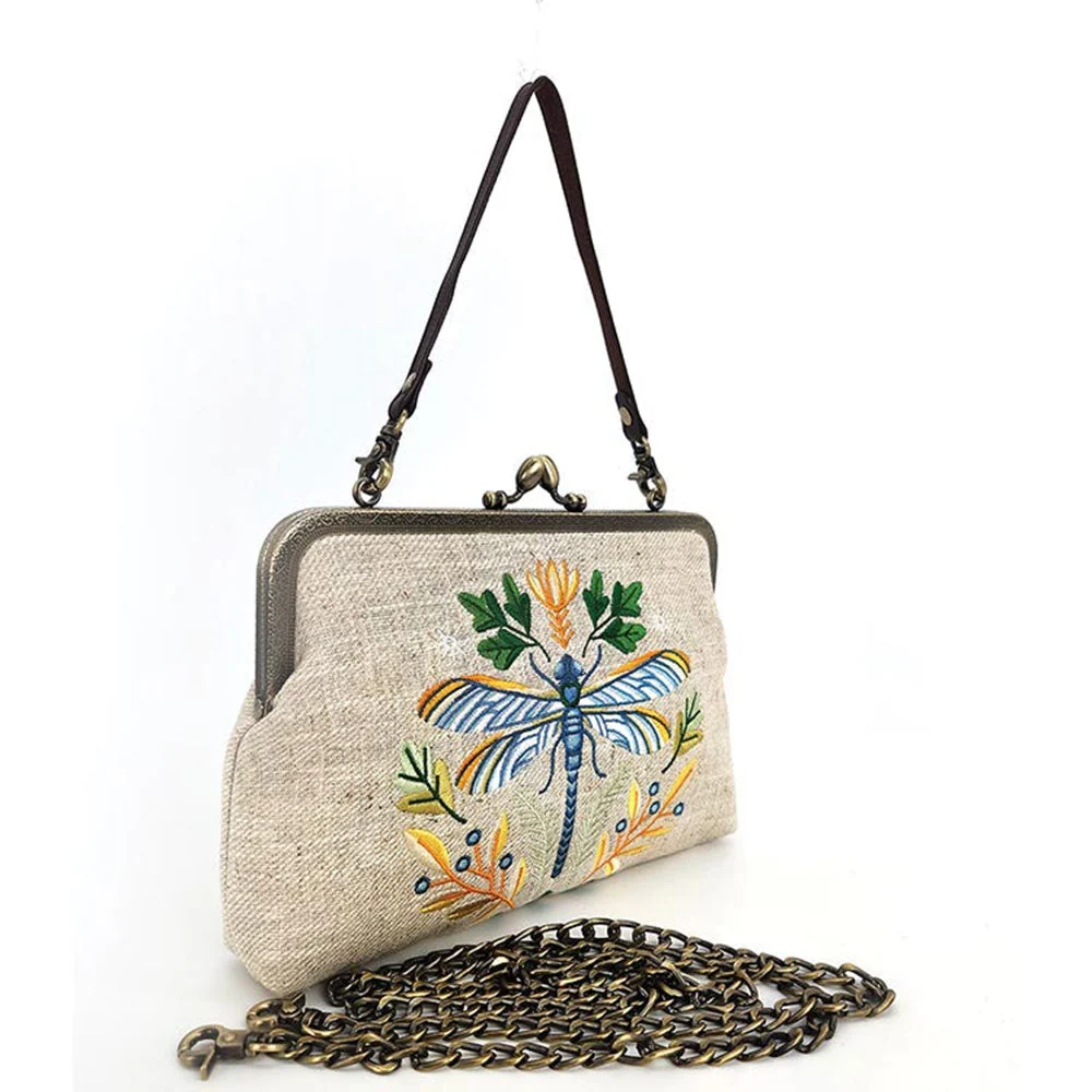 Dragonfly Embroidered Vintage Kisslock Handbag in Beige - Image 2