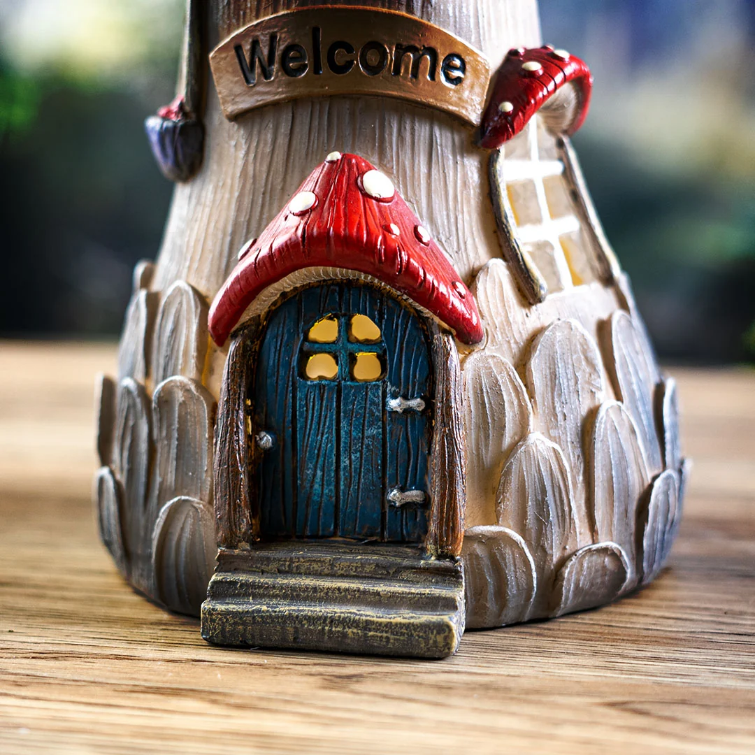 'Welcome' Toadstool Mushroom House with LED Figurine - Image 6